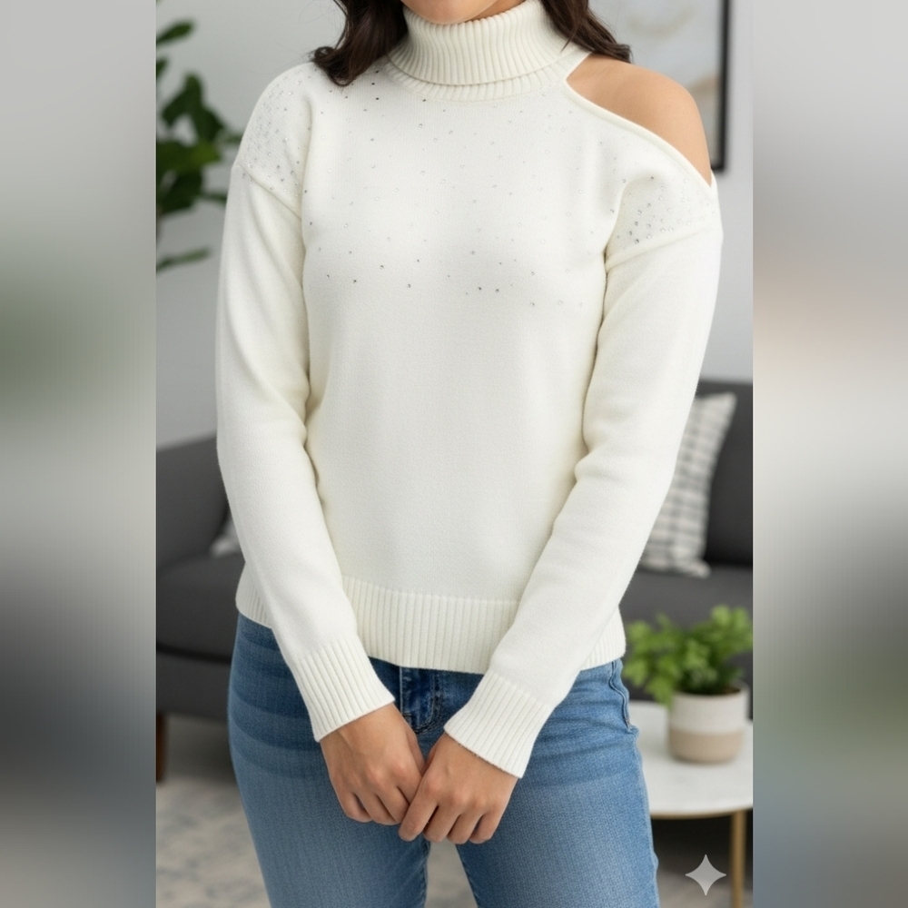 INTEMPO women's turtleneck off-the-shoulder sweater with rhinestone details